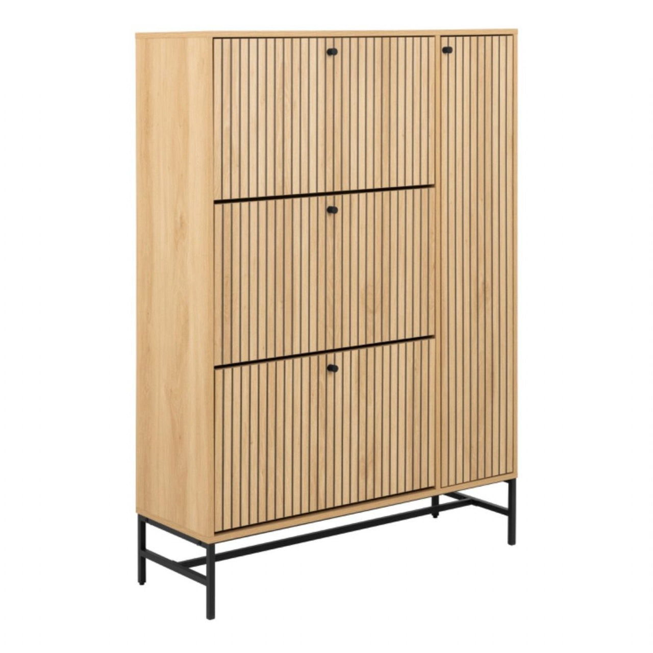 Albany Shoe Cabinet 3 Flip Down Doors 1 Pull Open Door in Oak Black Legs