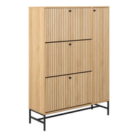 Thumbnail for Albany Shoe Cabinet 3 Flip Down Doors 1 Pull Open Door in Oak Black Legs