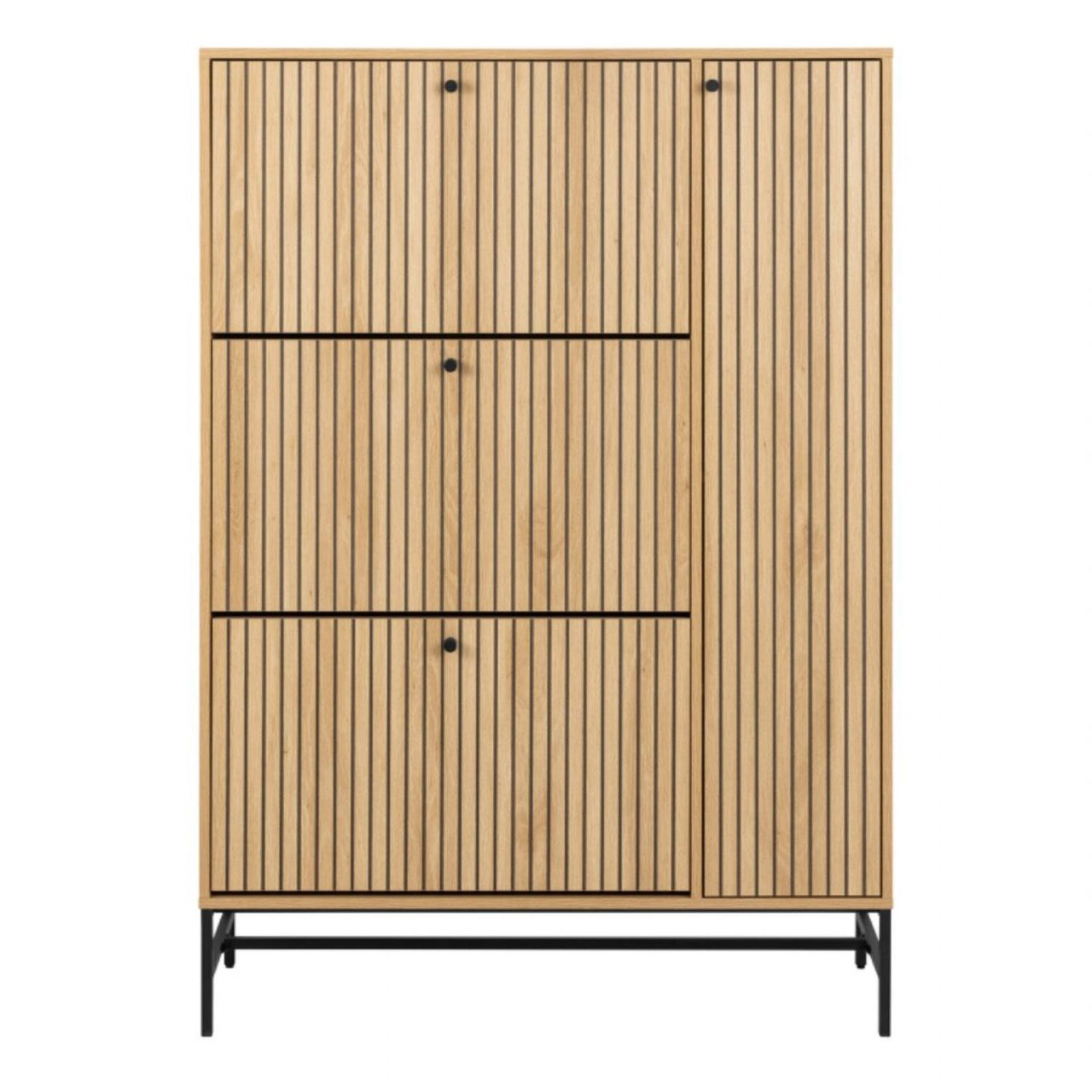 Albany Shoe Cabinet 3 Flip Down Doors 1 Pull Open Door in Oak Black Legs