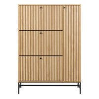 Thumbnail for Albany Shoe Cabinet 3 Flip Down Doors 1 Pull Open Door in Oak Black Legs