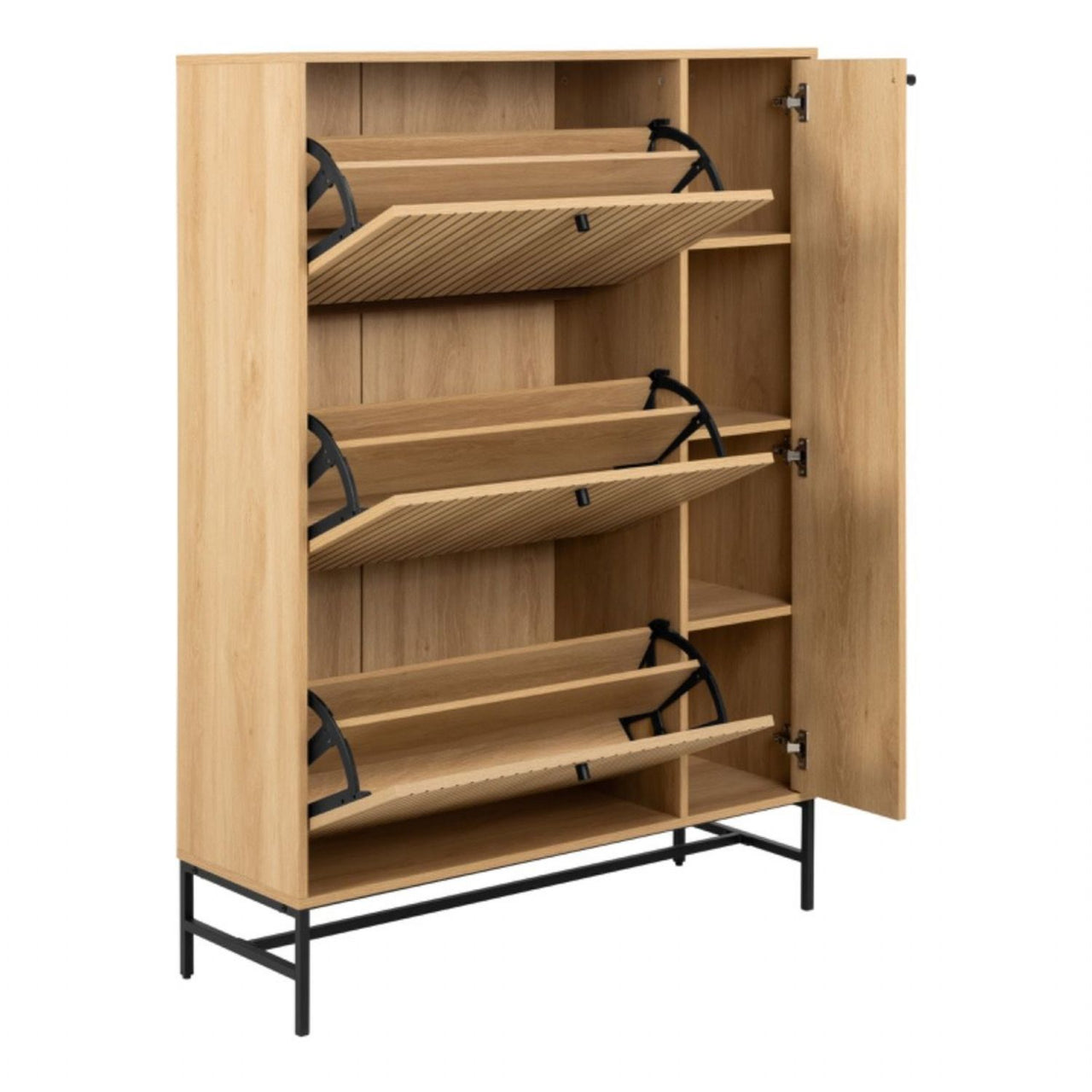 Albany Shoe Cabinet 3 Flip Down Doors 1 Pull Open Door in Oak Black Legs