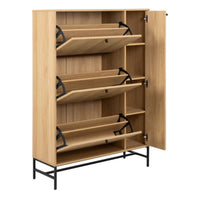 Thumbnail for Albany Shoe Cabinet 3 Flip Down Doors 1 Pull Open Door in Oak Black Legs