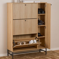 Thumbnail for Albany Shoe Cabinet 3 Flip Down Doors 1 Pull Open Door in Oak Black Legs