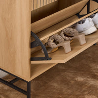 Thumbnail for Albany Shoe Cabinet 3 Flip Down Doors 1 Pull Open Door in Oak Black Legs