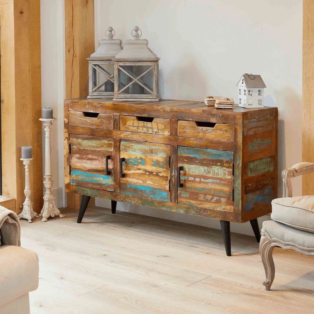 Large 3 Door Drawer Sideboard Rustic Reclaimed Painted Boat Wood