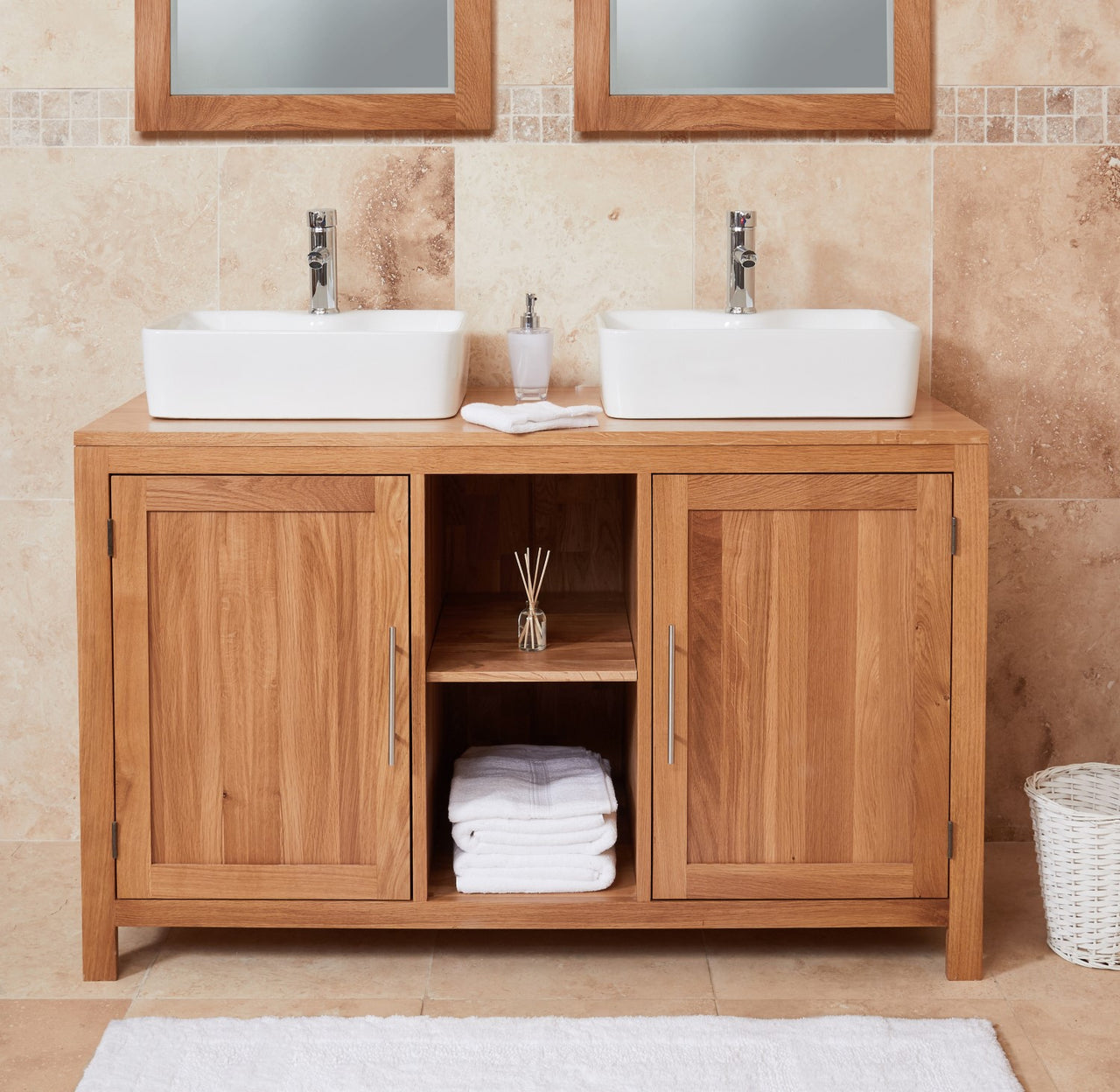 Solid Oak Double Sink Vanity Unit Set 2 Sinks 2 Taps