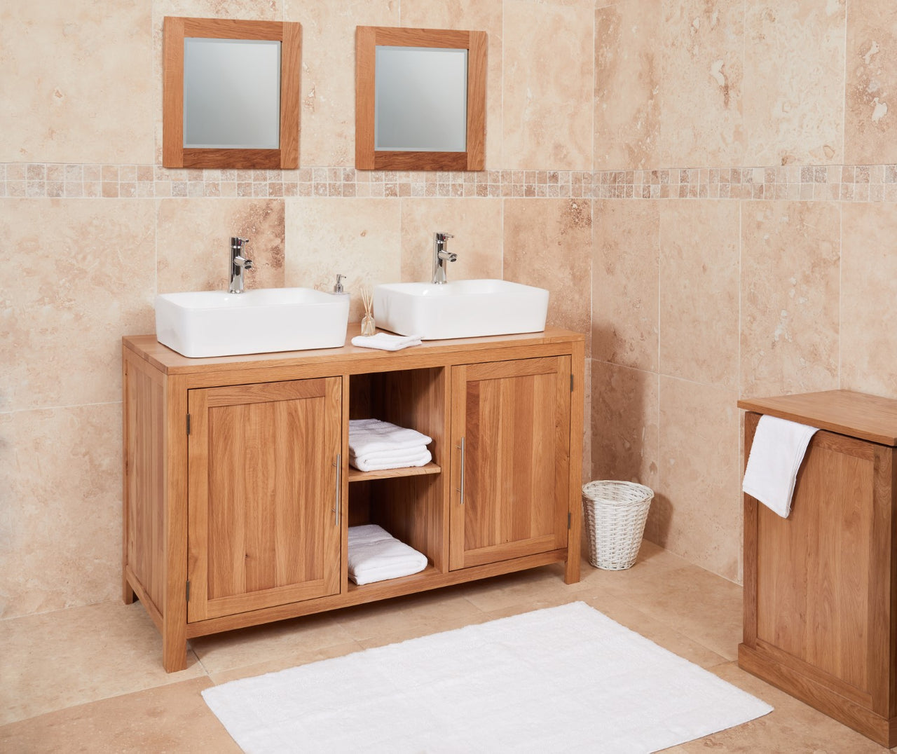 Solid Oak Double Sink Vanity Unit Set 2 Sinks 2 Taps