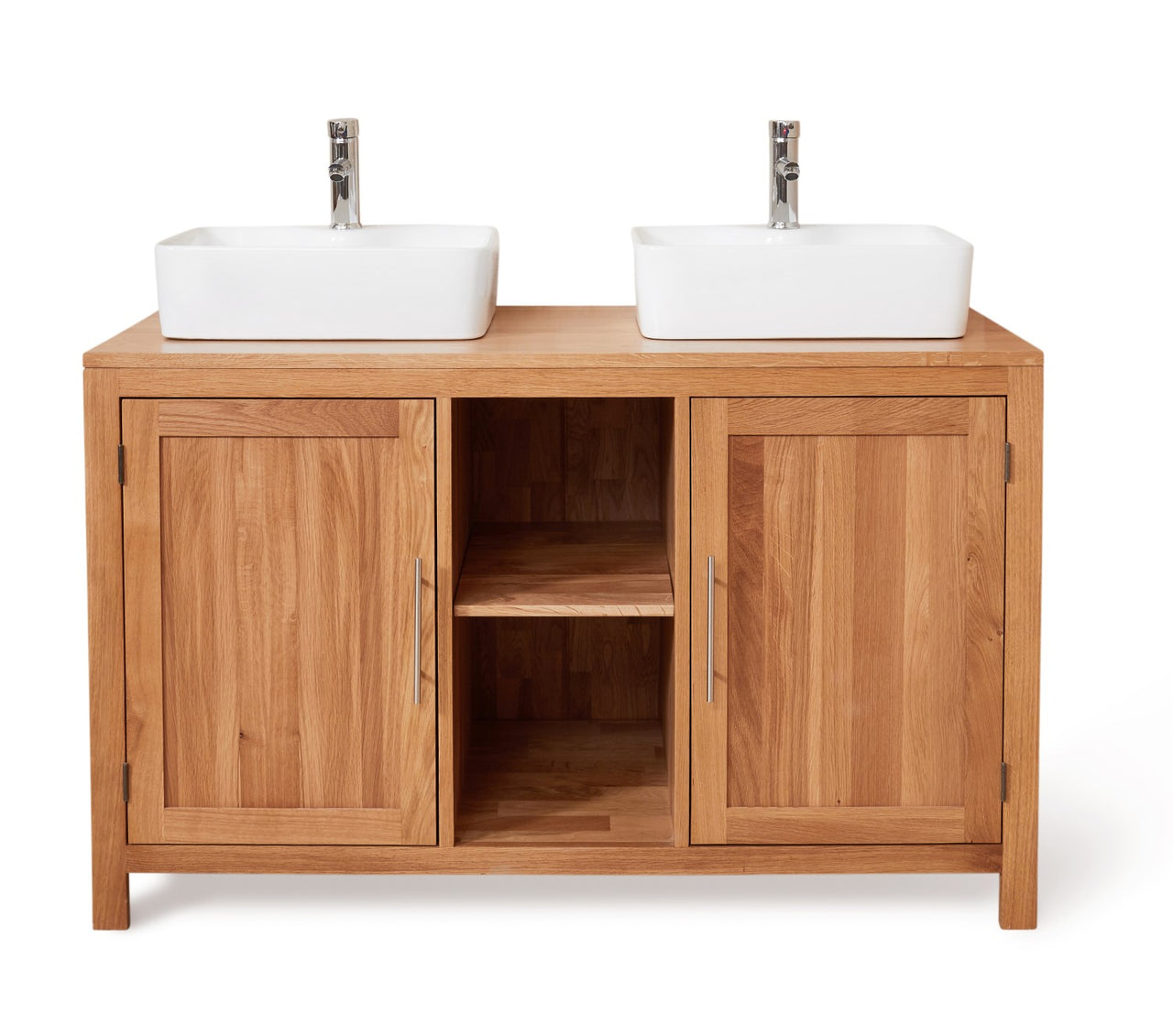 Solid Oak Double Sink Vanity Unit Set 2 Sinks 2 Taps