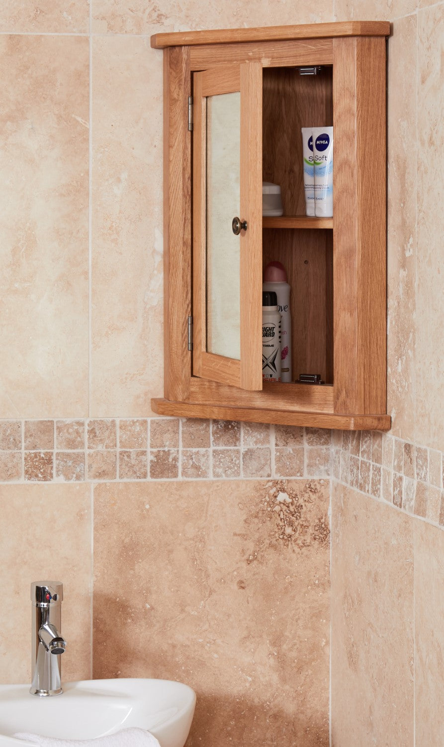 Solid Oak Mirrored Corner Bathroom Cabinet