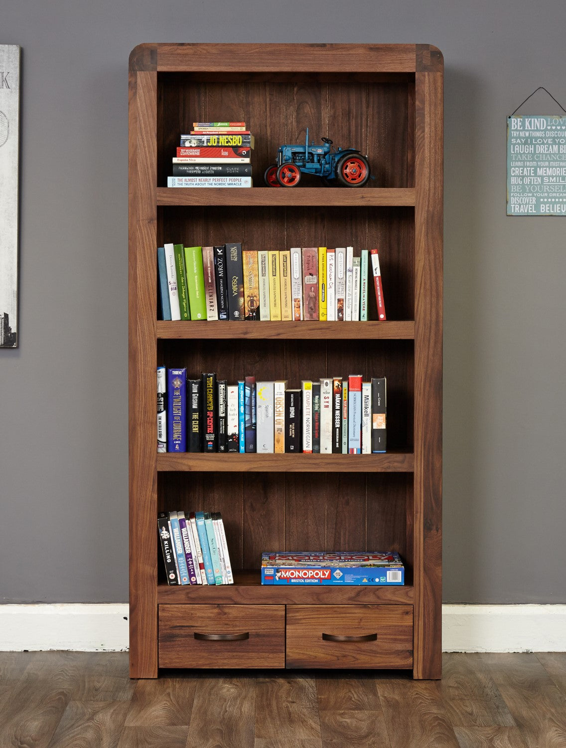 Walnut Large 178cm Tall 2 Drawer Narrow Bookcase