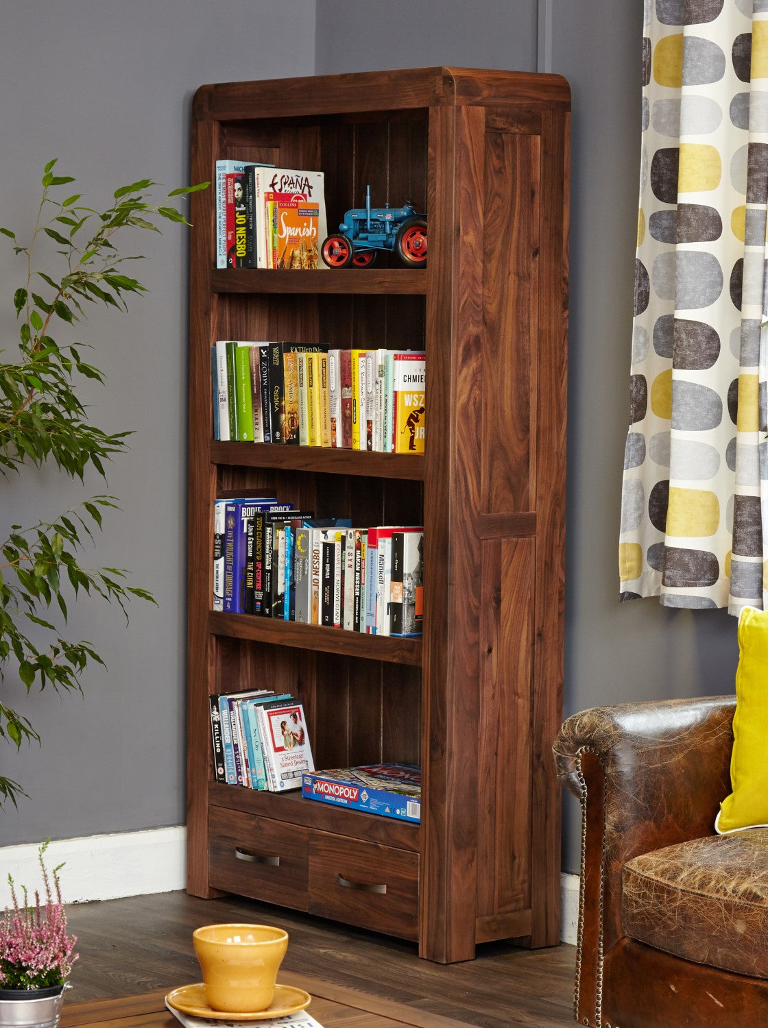 Walnut Large 178cm Tall 2 Drawer Narrow Bookcase