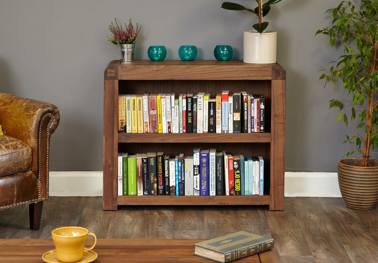 Solid Dark Wood Walnut Small Low Window Bookcase 100cm Wide