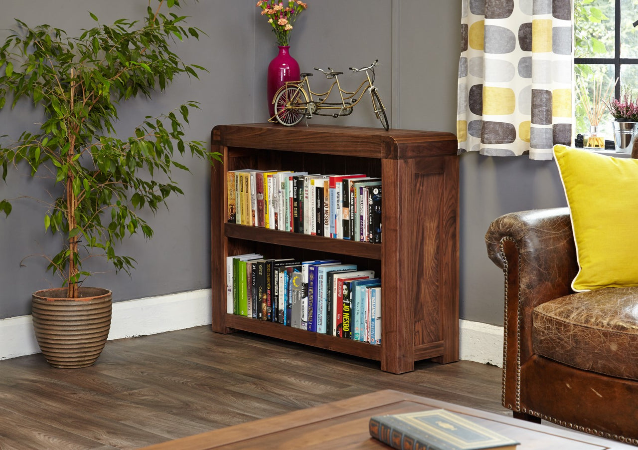 Solid Dark Wood Walnut Small Low Window Bookcase 100cm Wide