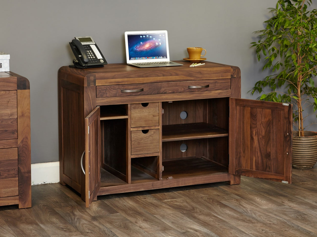 Dark Wood Walnut Hidden Home Office Study Computer Desk Storage Cupboard Unit