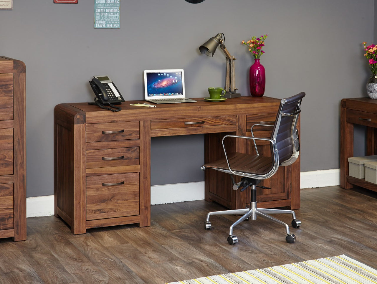 Walnut Dark Wood Large Twin Pedestal Home Office Study Computer Desk