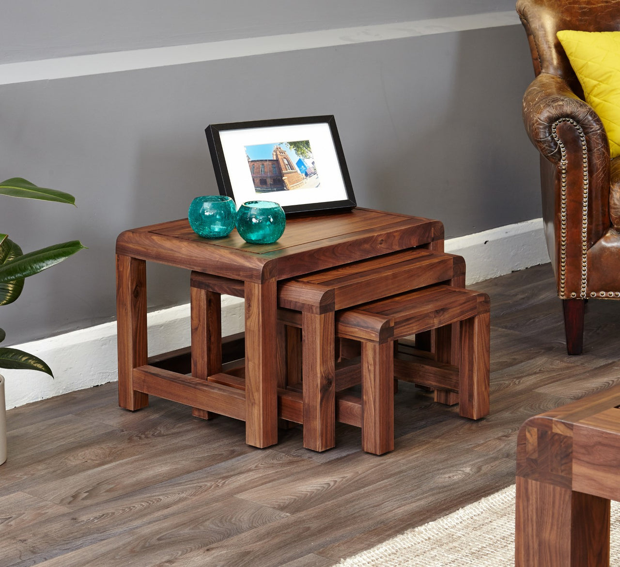 Solid Walnut Dark Wood Nest of 3 Tables Rounded Edges