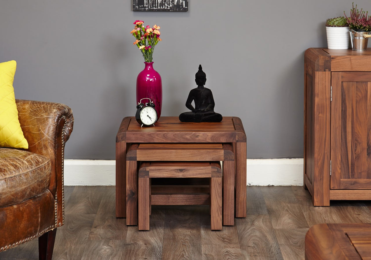 Solid Walnut Dark Wood Nest of 3 Tables Rounded Edges