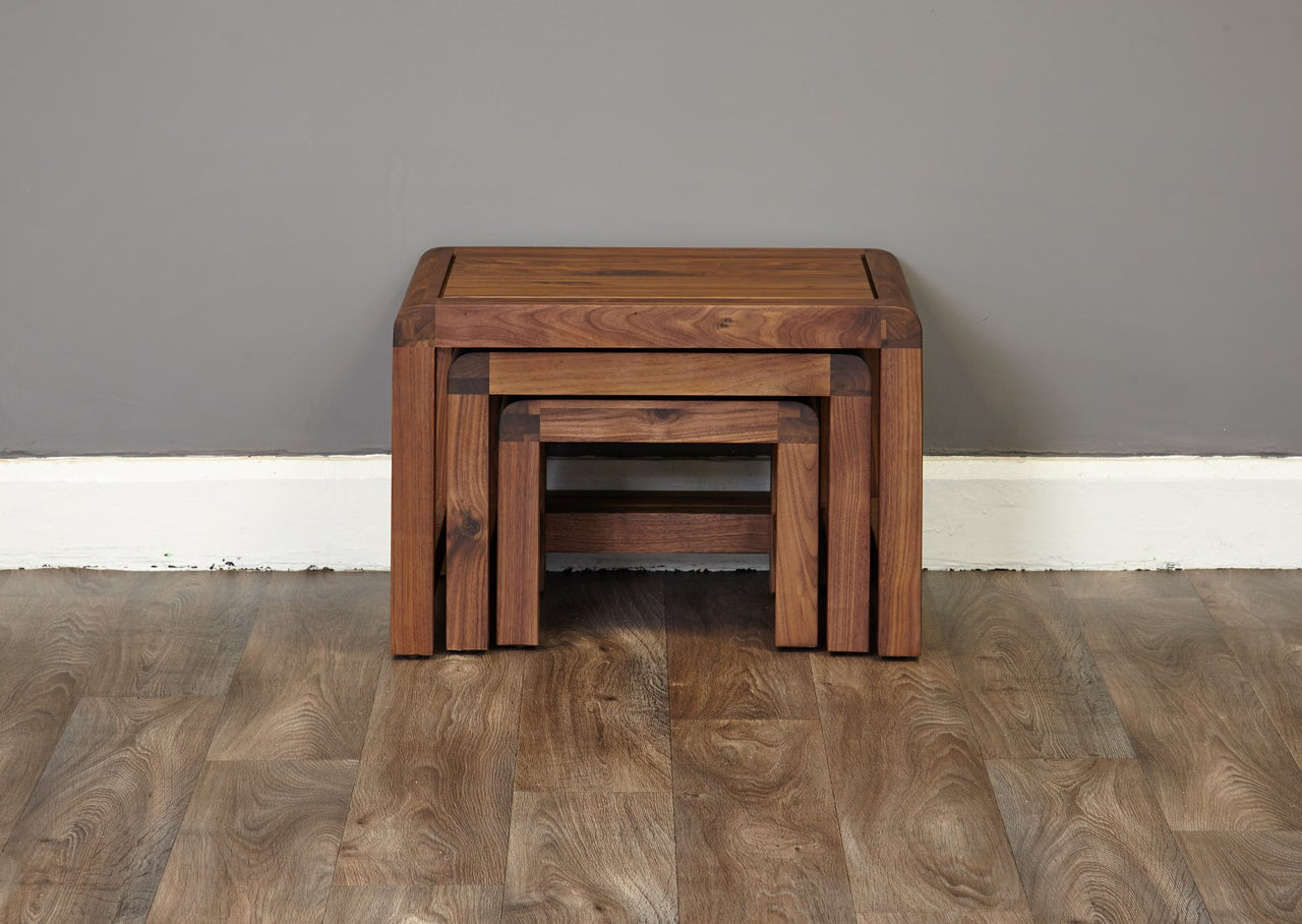 Solid Walnut Dark Wood Nest of 3 Tables Rounded Edges