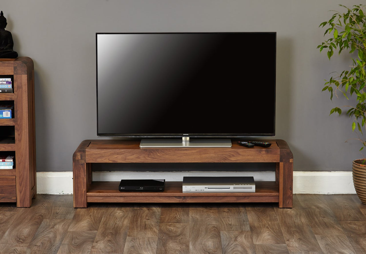 Walnut Low Open Widescreen TV Cabinet Dark Wood Finish 130cm Wide