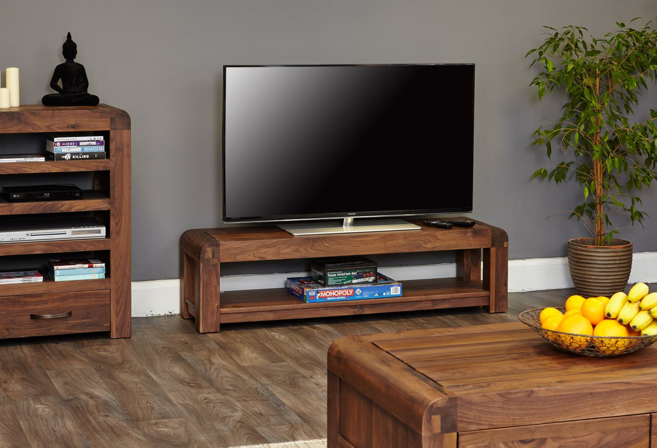 Walnut Low Open Widescreen TV Cabinet Dark Wood Finish 130cm Wide