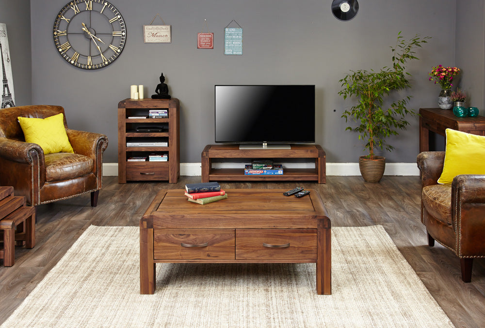 Walnut Low Open Widescreen TV Cabinet Dark Wood Finish 130cm Wide