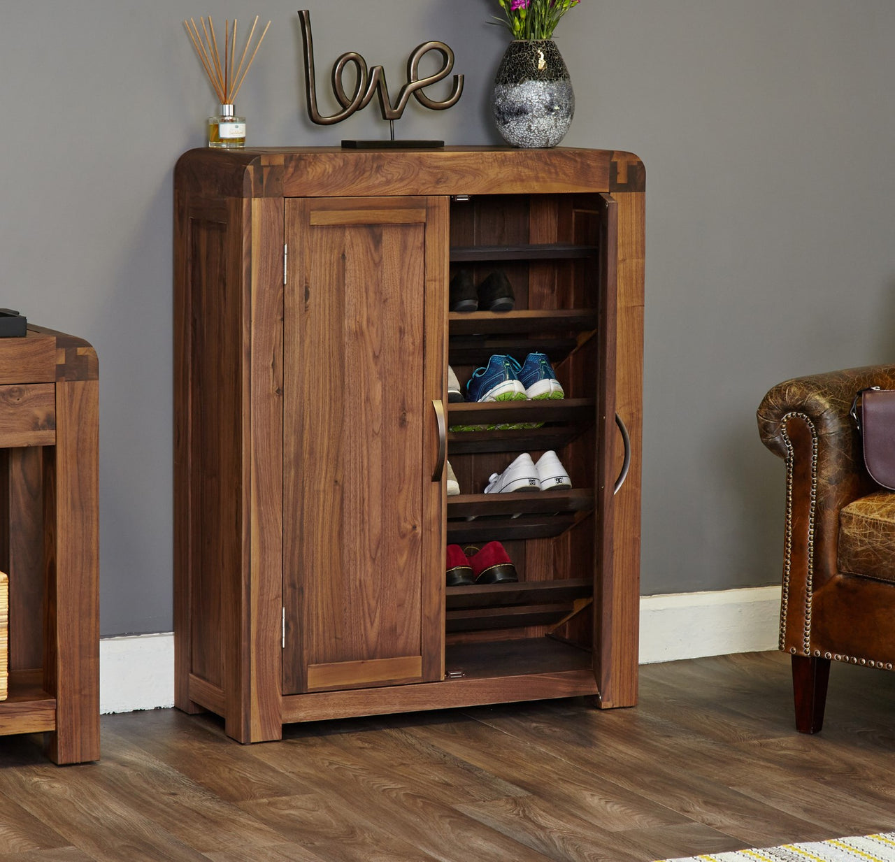 Dark Wood Walnut Slim Shoe Cupboard