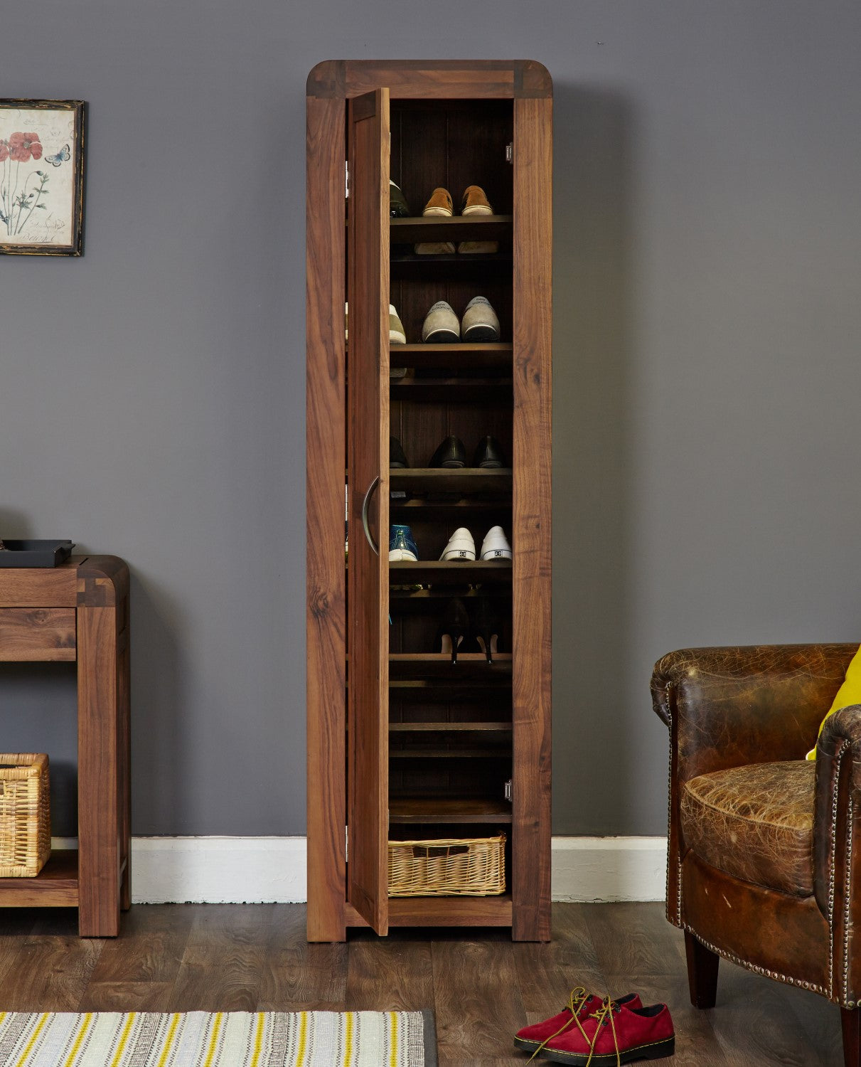 Walnut Dark Wood Tall Slim Shoe Cupboard