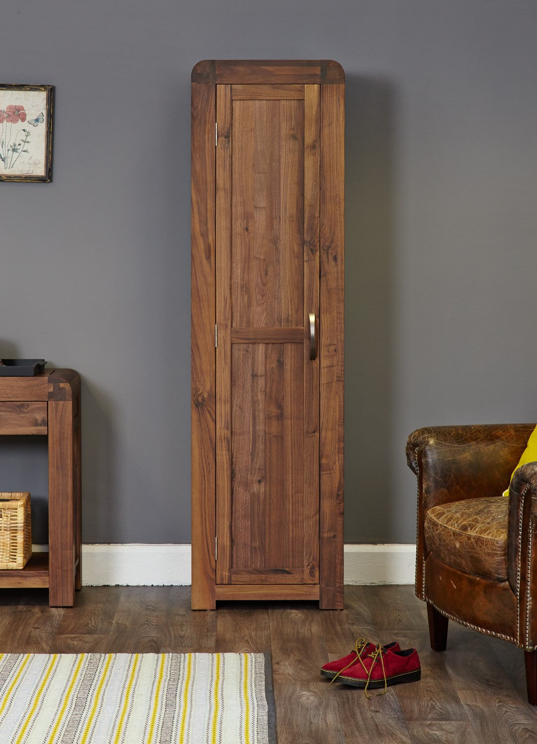 Walnut Dark Wood Tall Slim Shoe Cupboard