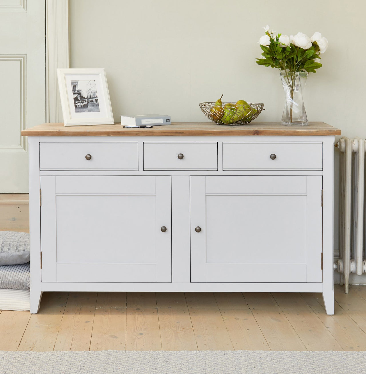 Grey Painted Large 3 Drawer 2 Door Sideboard Dresser Oak Top