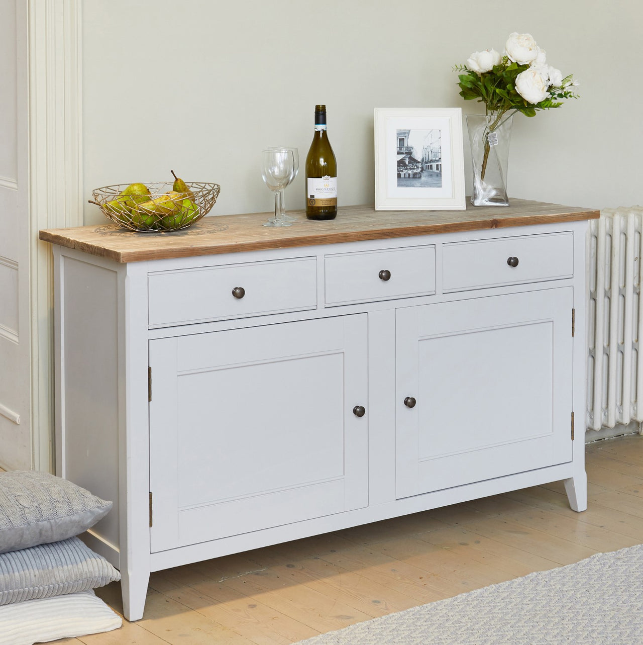 Grey Painted Large 3 Drawer 2 Door Sideboard Dresser Oak Top