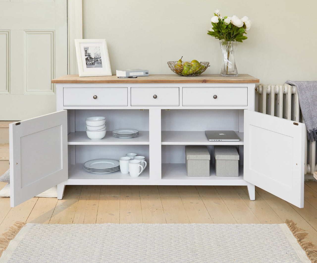 Grey Painted Large 3 Drawer 2 Door Sideboard Dresser Oak Top