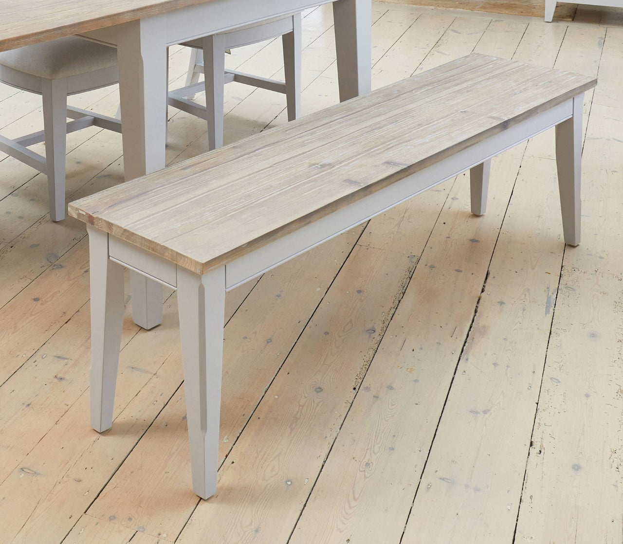 Large Wood Distressed Grey Painted Dining Bench Limed Top 150cm