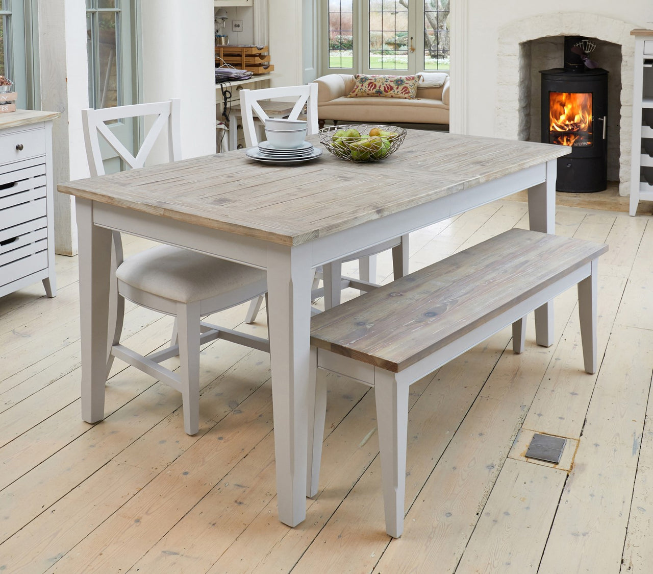 Grey Painted Extending Dining Table Limed Wood Top