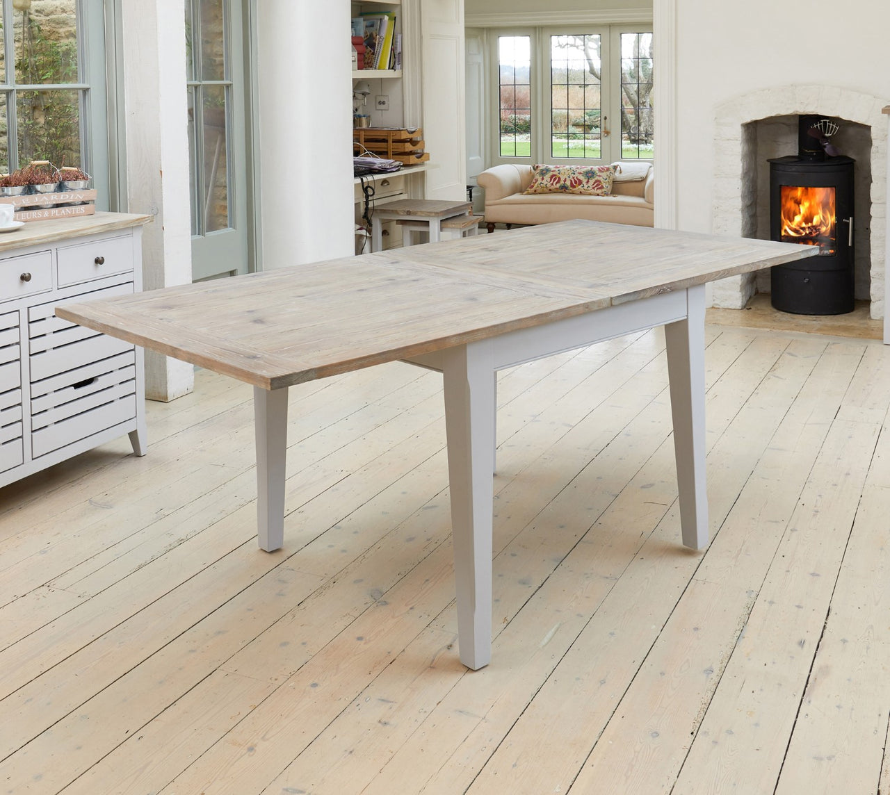 Grey Painted 95cm Square Extending Dining Table Limed Wood Top