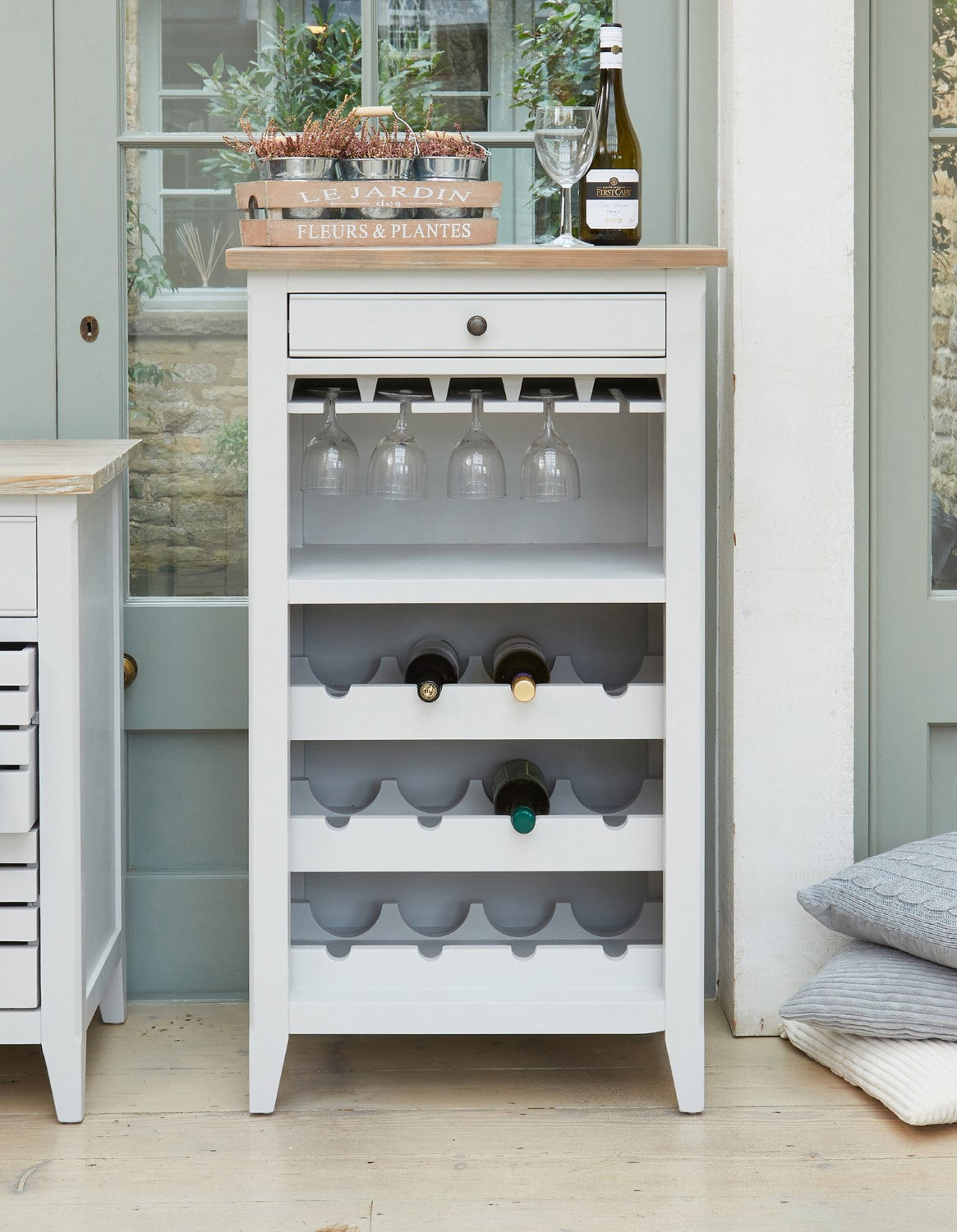 Small Grey Painted Wine Rack with Wooden Top