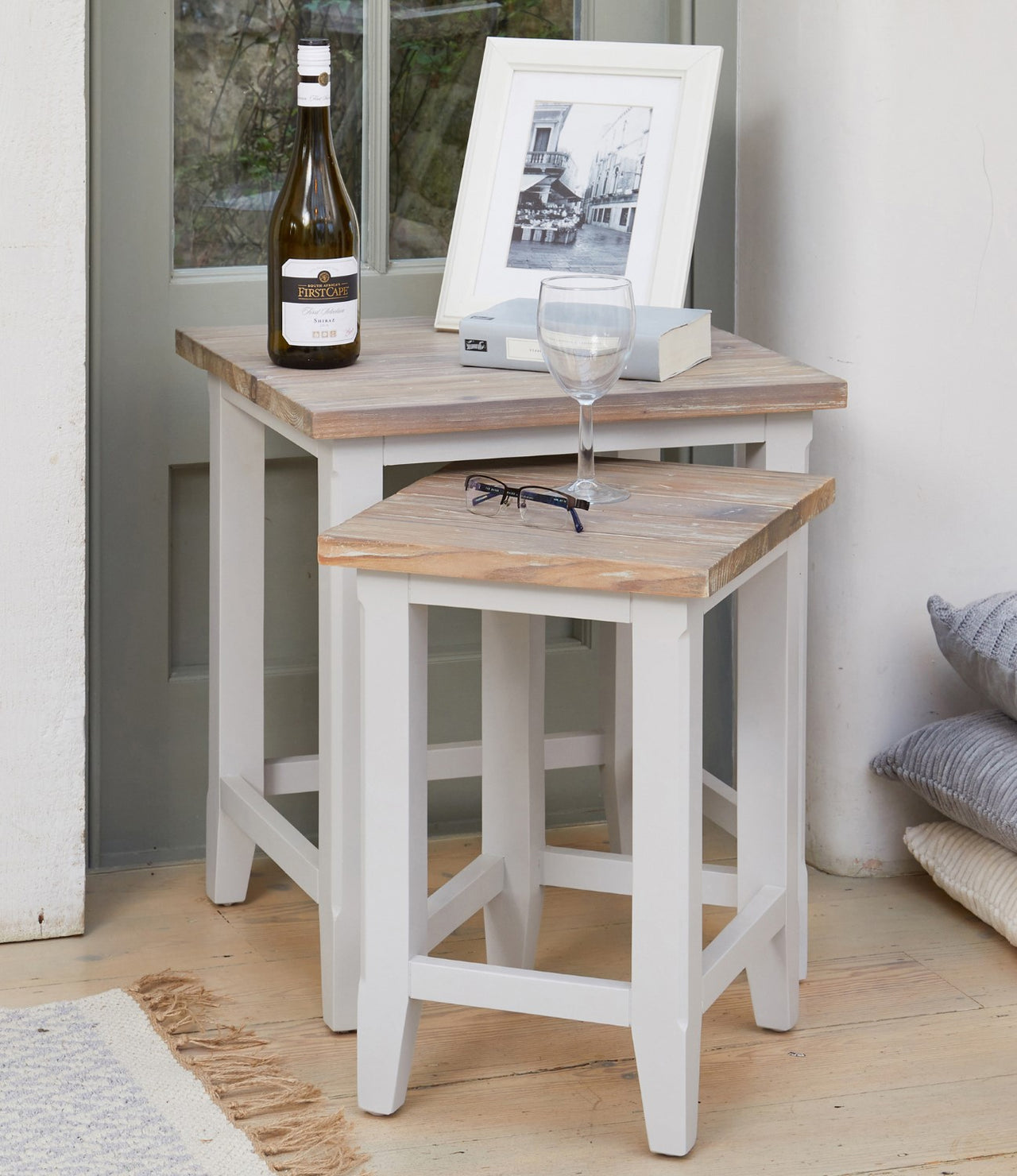 Grey Painted Wood Nest of Two Occasional Side Tables Limed Tops