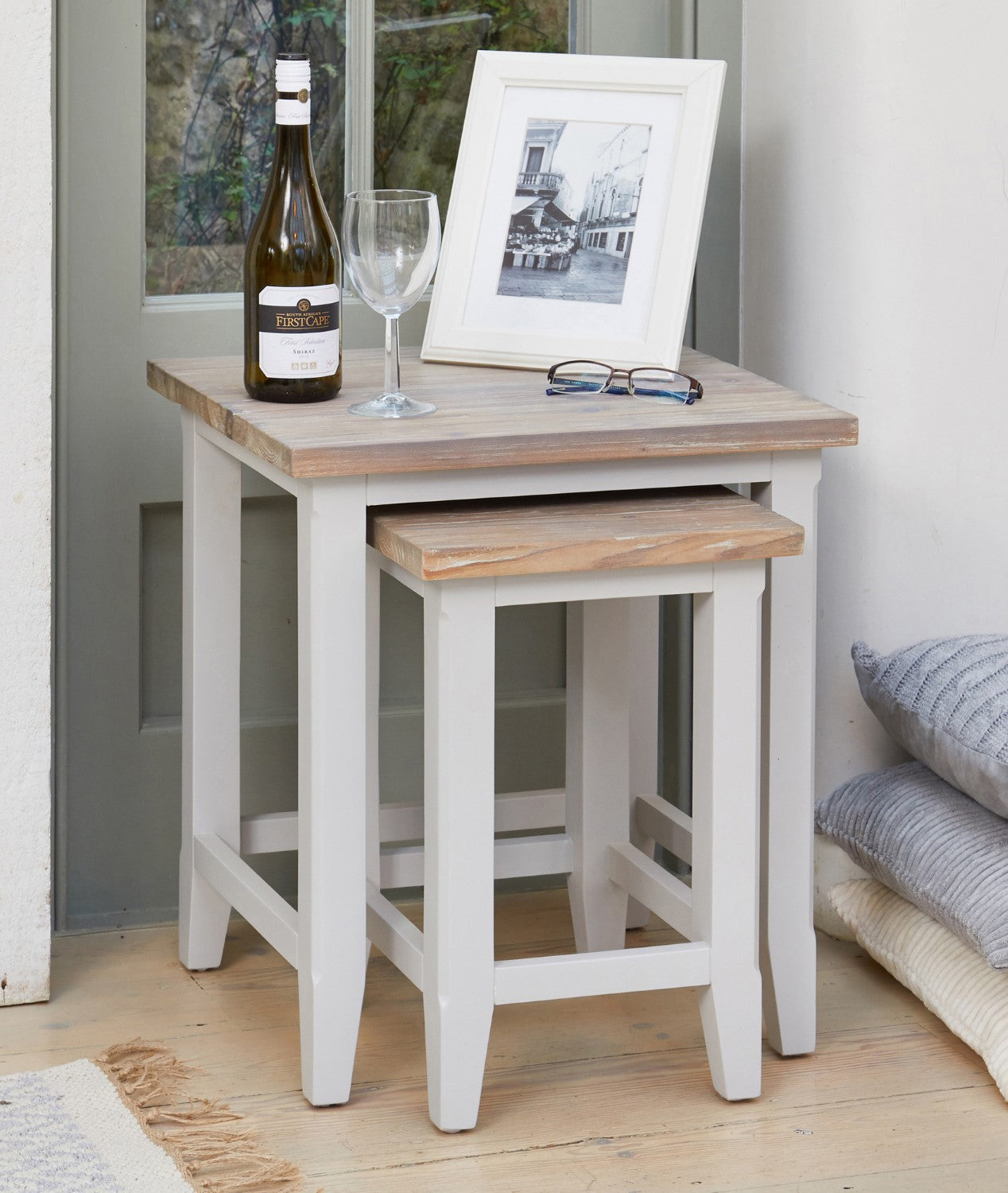 Grey Painted Wood Nest of Two Occasional Side Tables Limed Tops