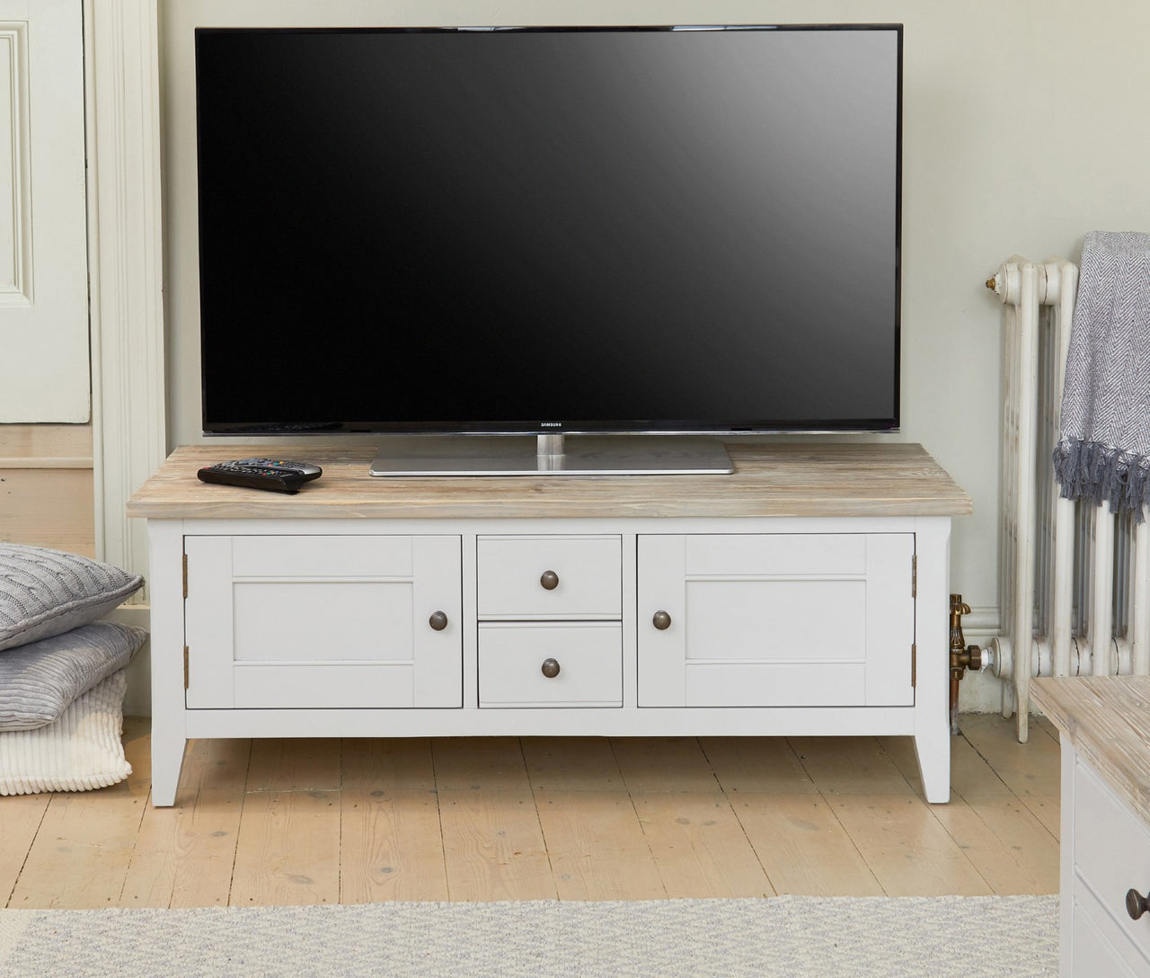 Distressed Grey Painted Widescreen TV Stand Limed Top