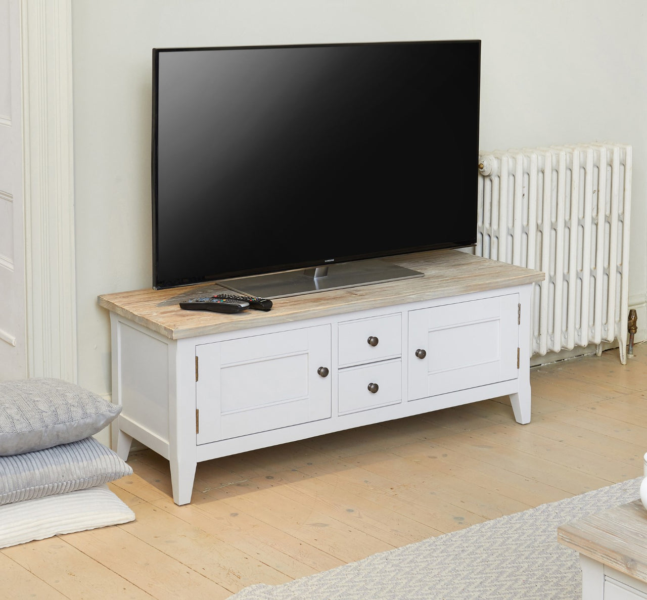 Distressed Grey Painted Widescreen TV Stand Limed Top