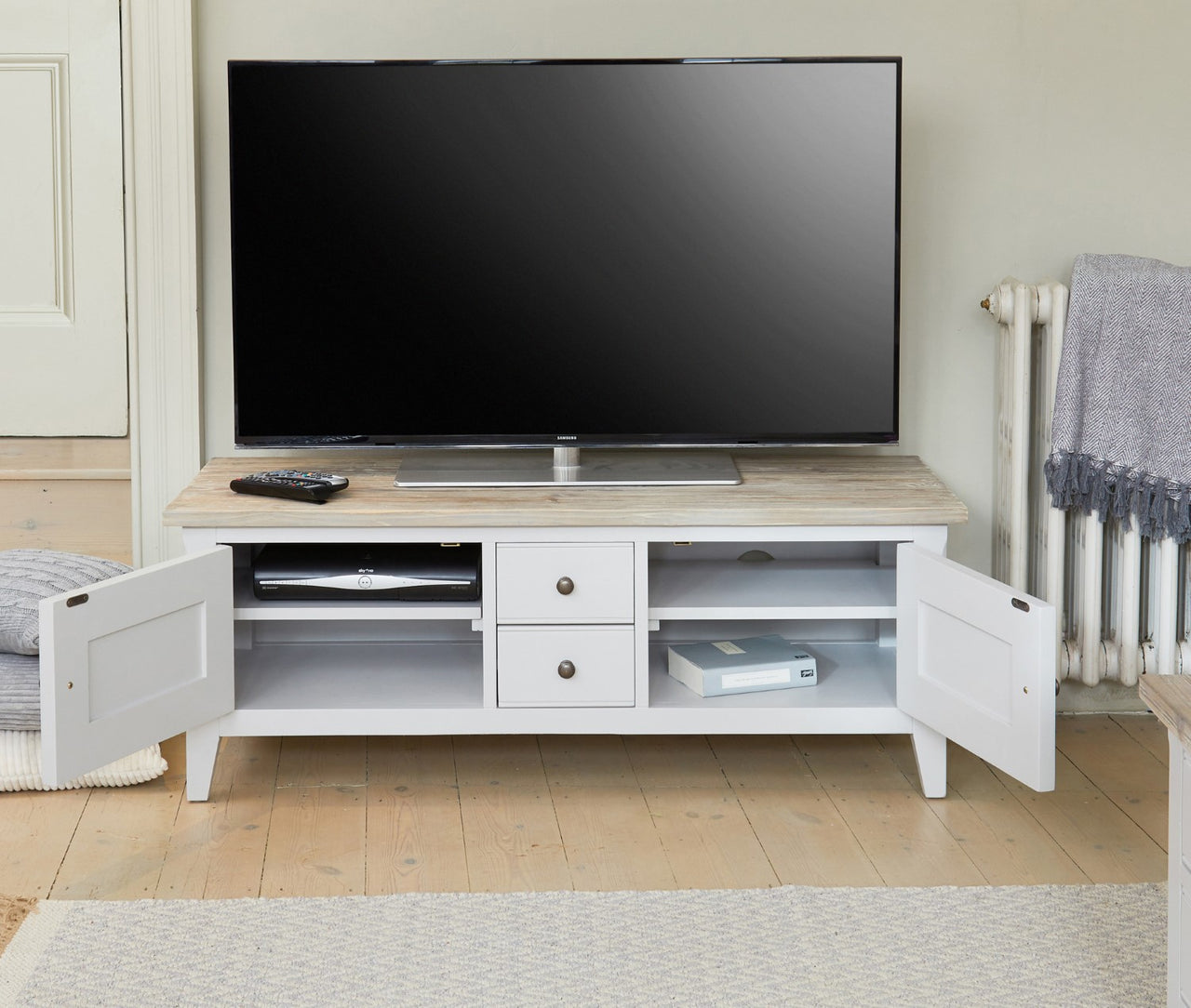 Distressed Grey Painted Widescreen TV Stand Limed Top