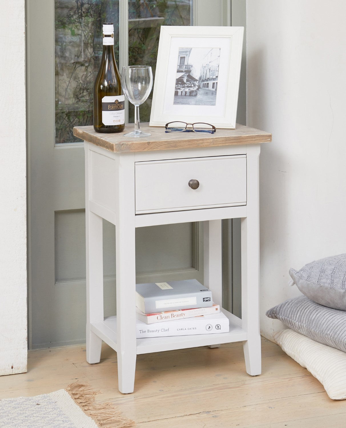 Grey Painted Open Base Lamp Table with Limed Wood Top