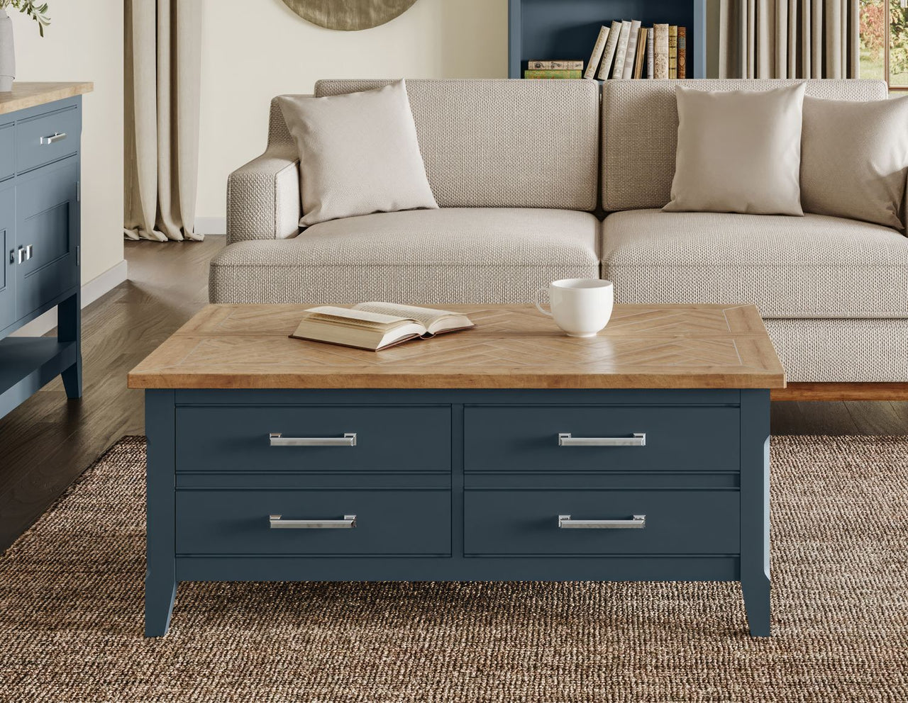 Signature Blue Coffee Table with drawers And hidden storage trunk