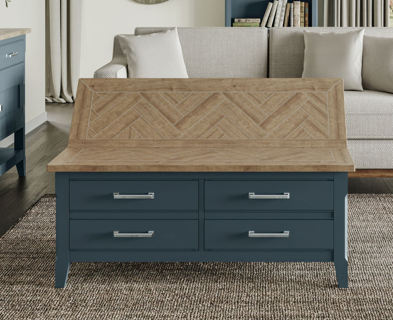 Signature Blue Coffee Table with drawers And hidden storage trunk