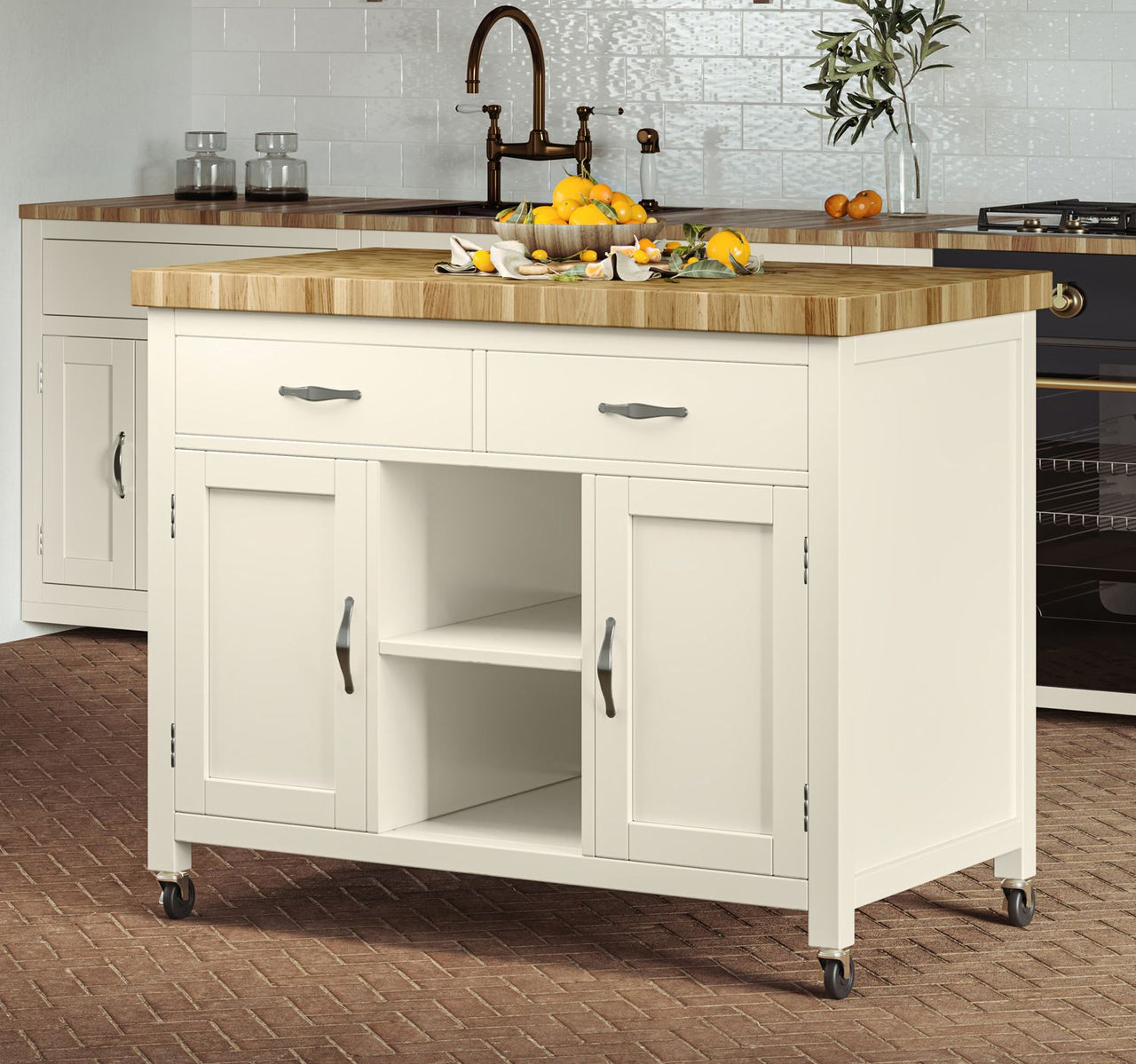 Cream Painted Kitchen Island with Butchers Block Top on Wheels