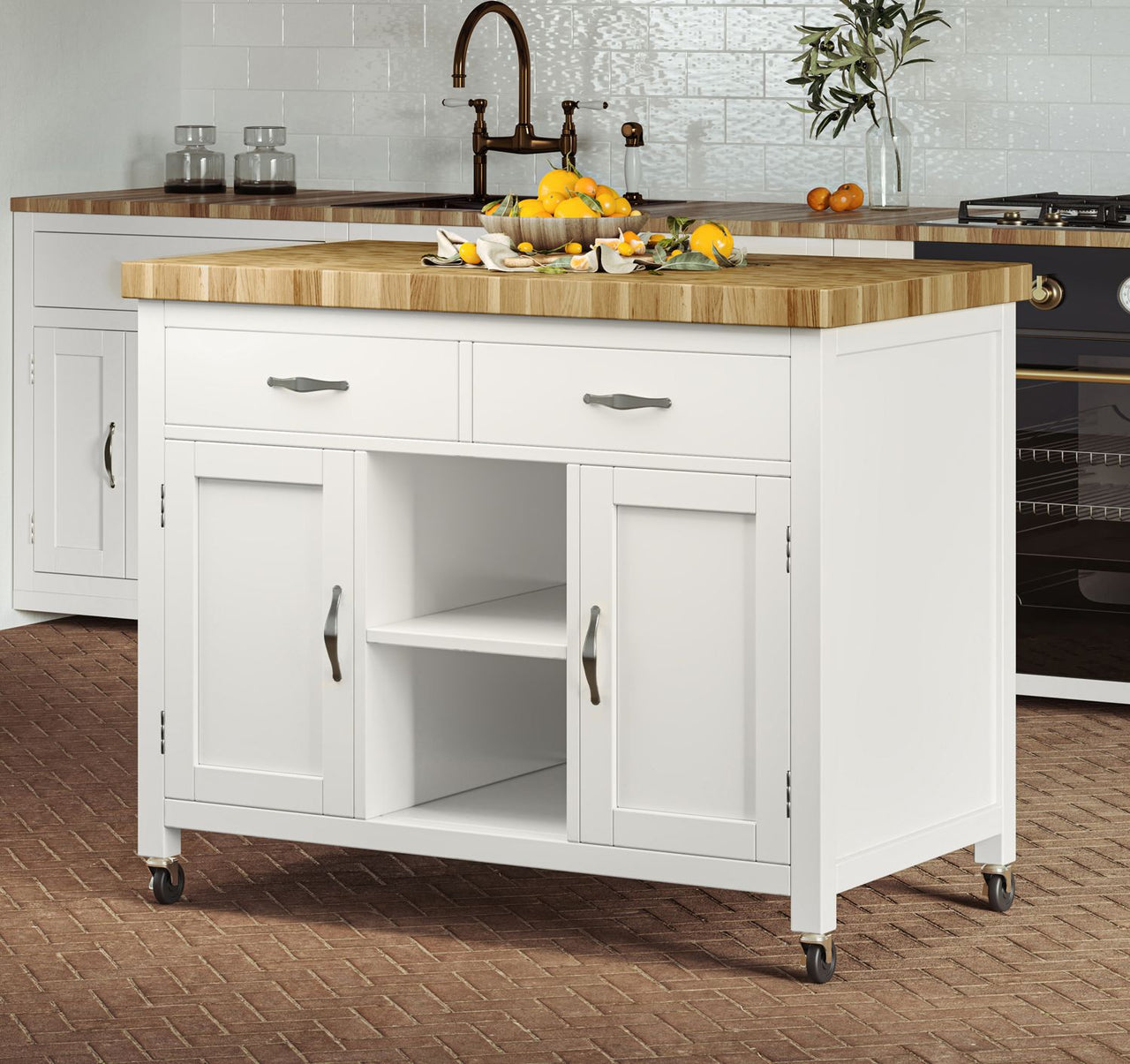 Kitchen Island (White) with Butchers Block