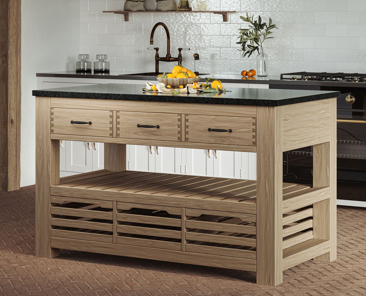 Kitchen Island (Oak) Three Drawer With Black Granite Top