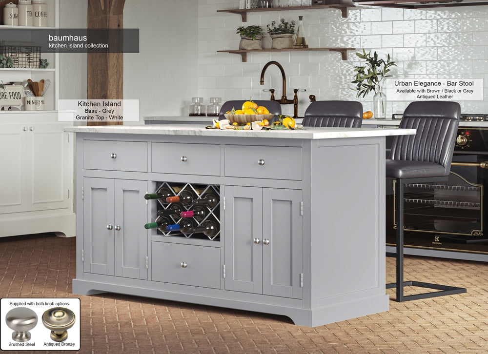 Grey Island with White Granite Worktop Wine Rack and Cupboards