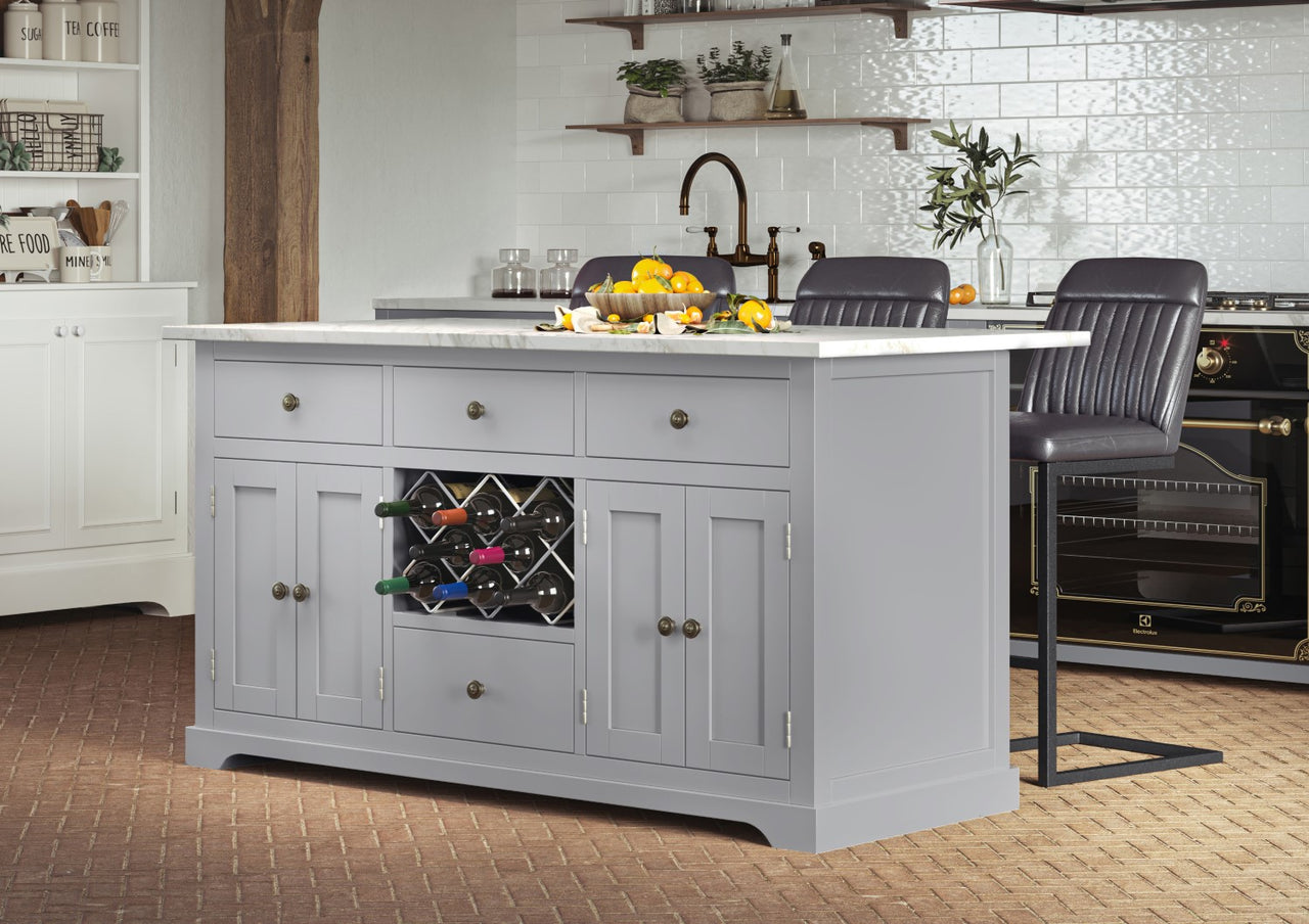 Grey Island with White Granite Worktop Wine Rack and Cupboards