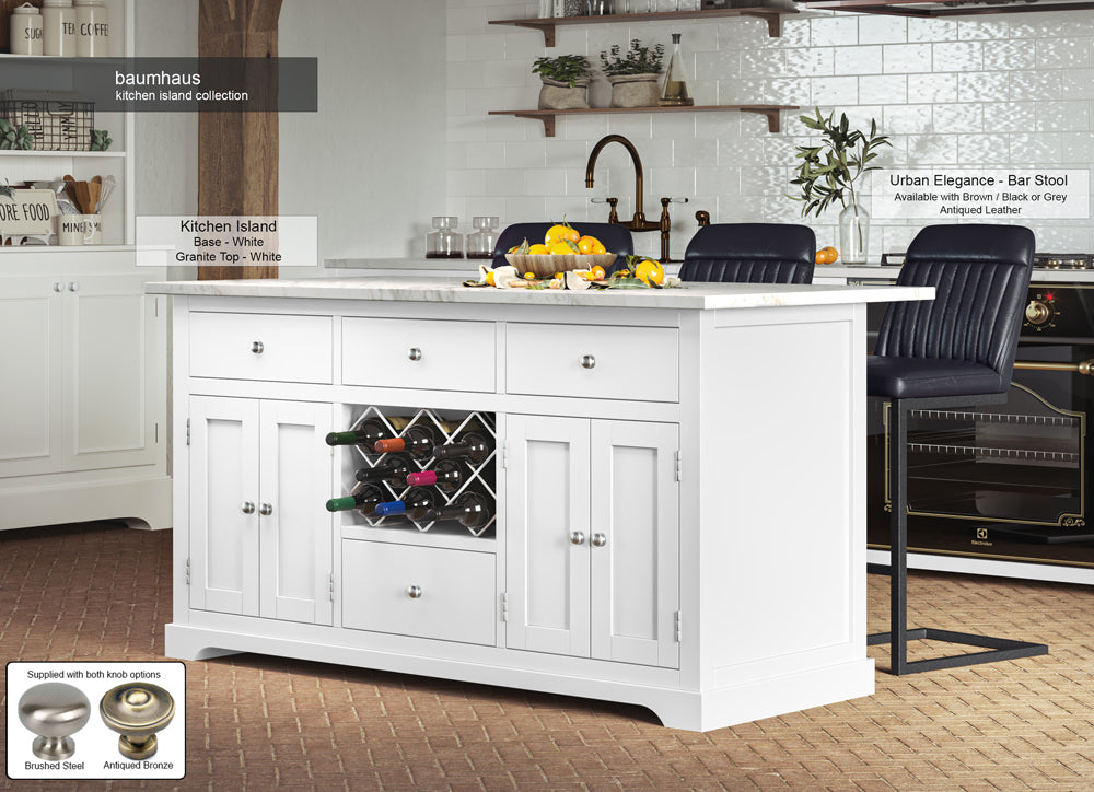 White Painted Granite Top Kitchen Island Unit with Wine Rack