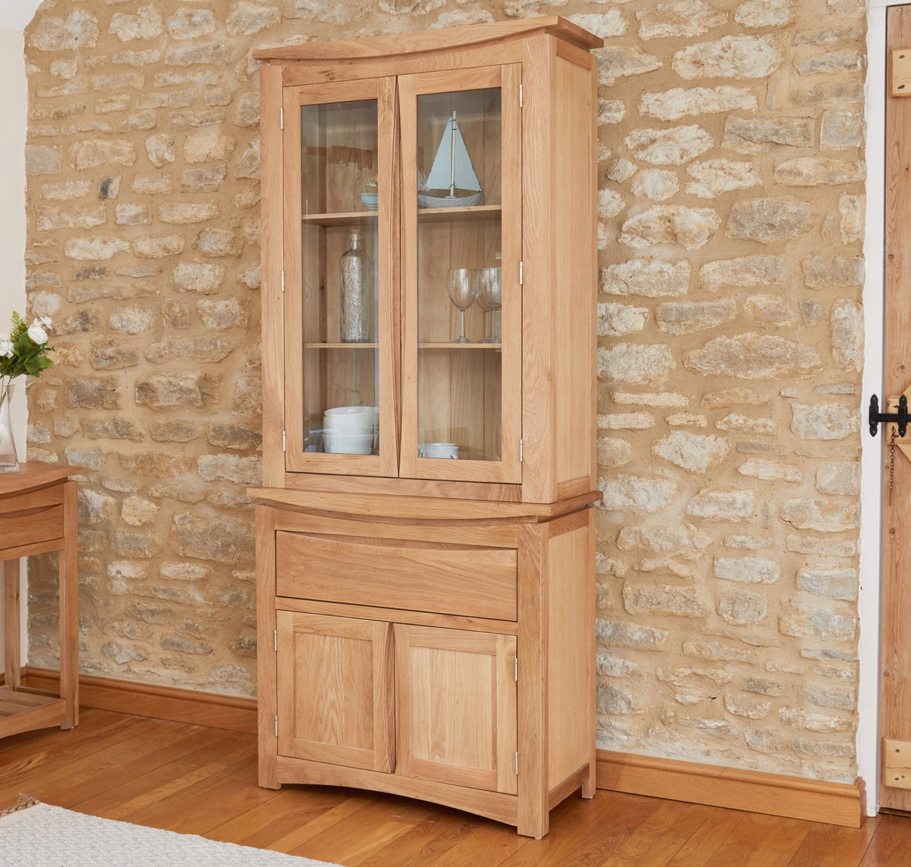 Natural Oak Wood 2 Door Small Glazed Display Cabinet Dresser